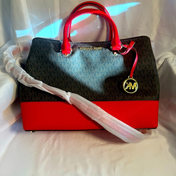 MICHAEL KORS Savannah Satchel HANDBAG BROWN RED accent & gold hardware NWT - Picture 1 of 8